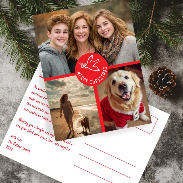 MERRY CHRISTMAS Simple Dove CUSTOM 3 FOTO Urlaub Postkarte (MERRY CHRISTMAS Simple Dove CUSTOM 3 PHOTO red Holiday Postcard
)