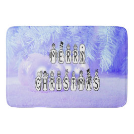 Merry Christmas Snow People Font Blue Tint Snow Badematte