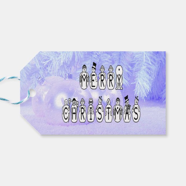 Merry Christmas Snow People Font Blue Tint Snow Geschenkanhänger (Rückseite Horizontal)