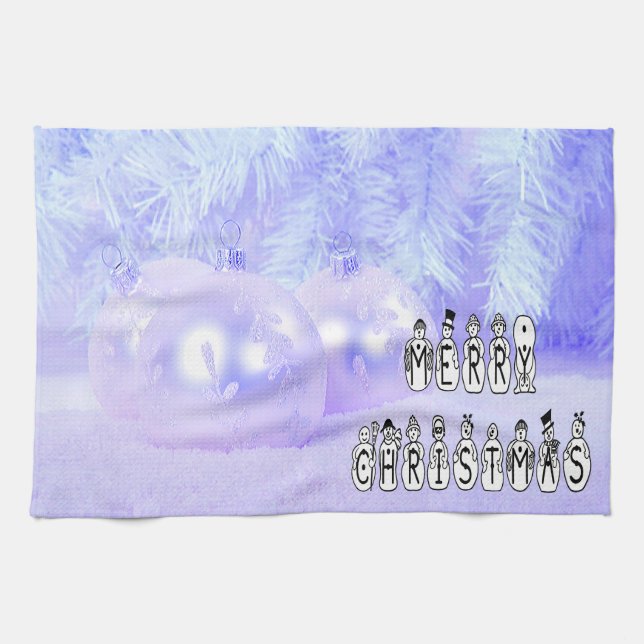 Merry Christmas Snow People Font Blue Tint Snow Geschirrtuch (Horizontal)