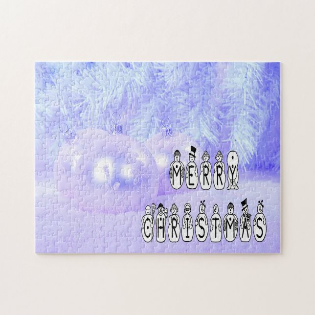 Merry Christmas Snow People Font Blue Tint Snow Puzzle (Horizontal)