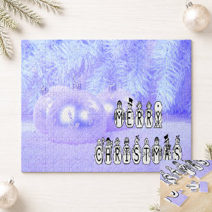 Merry Christmas Snow People Font Blue Tint Snow Puzzle