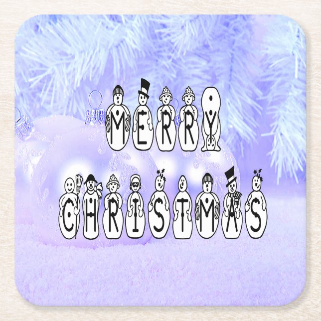 Merry Christmas Snow People Font Blue Tint Snow Rechteckiger Pappuntersetzer (Vorderseite)