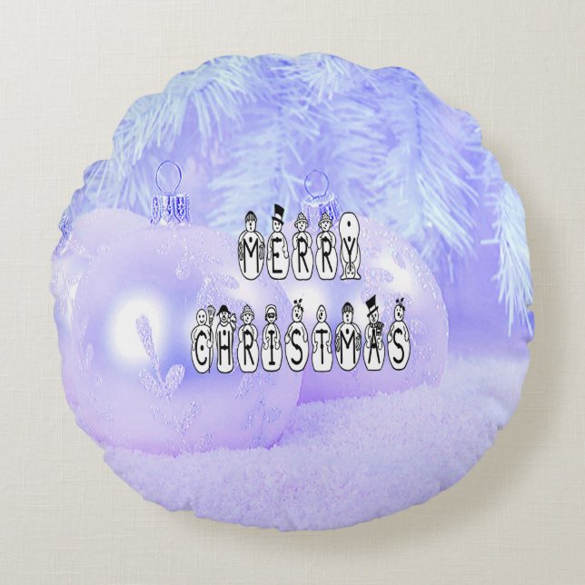 Merry Christmas Snow People Font Blue Tint Snow Rundes Kissen (Vorderseite)