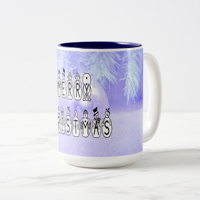 Merry Christmas Snow People Font Blue Tint Snow Zweifarbige Tasse (VorderseiteRechts)
