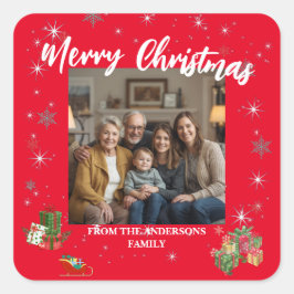 Merry Christmas Snowflake Photo Personal Family N Quadratischer Aufkleber