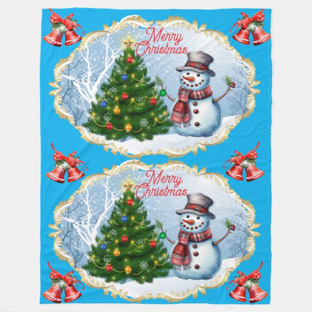 Merry Christmas Snowman Bells Cute Fleecedecke (Vorderseite)