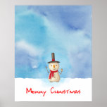 Merry Christmas Snowman Waving And Smiling Poster<br><div class="desc">Holiday poster with a cute snowman illustration. He is wearing a black stovepipe hat, holding a classic corn cob pipe, and wearing a red scarf. Standing in the cold white snow smiling and waving hello. The background is composed of awatercolor sky with blue and purple colors blending and mingling together....</div>