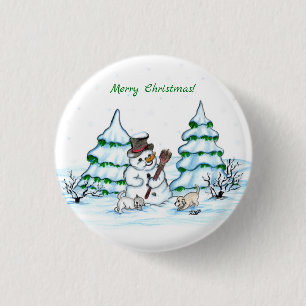 Merry Christmas! Snowman with Cat and Puppy Button