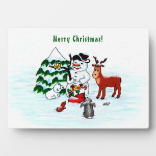 Merry Christmas! Snowman with Friends Fotoplatte