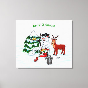 Merry Christmas! Snowman with Friends Leinwanddruck