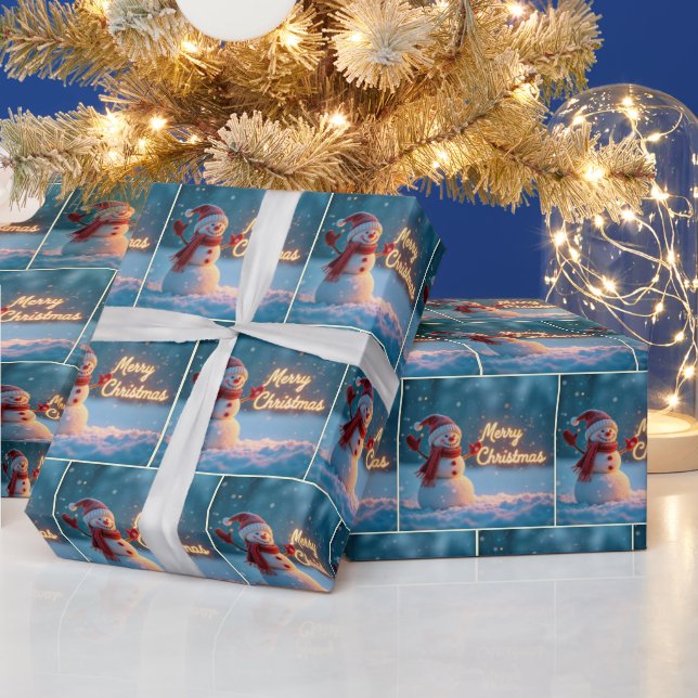 Merry Christmas Snowman with Neon Sign Geschenkpapier (Feiertage)