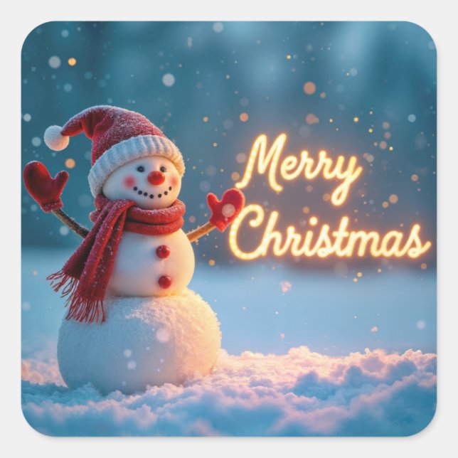 Merry Christmas Snowman with Neon Sign Quadratischer Aufkleber (Vorderseite)