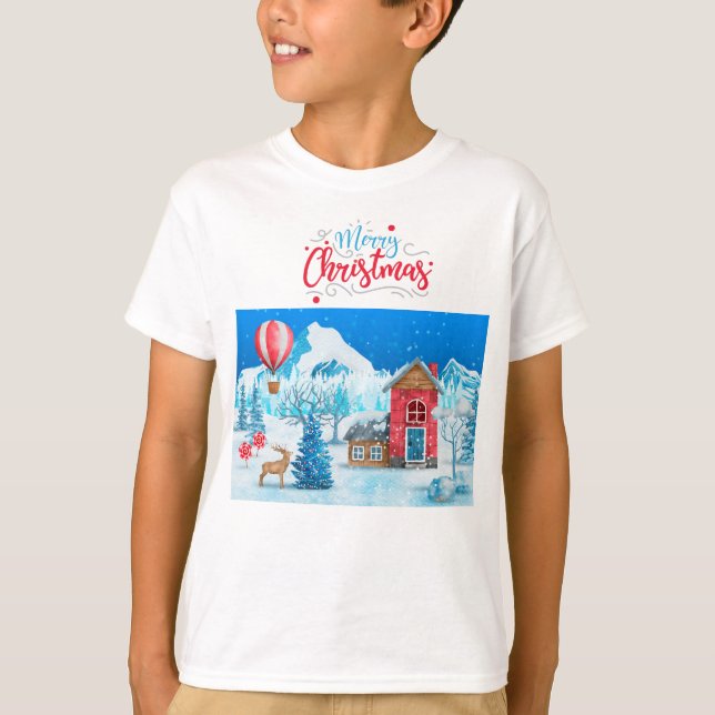 MERRY CHRISTMAS SNOWY DORF ELK PINE TREIN T-Shirt (Vorderseite)