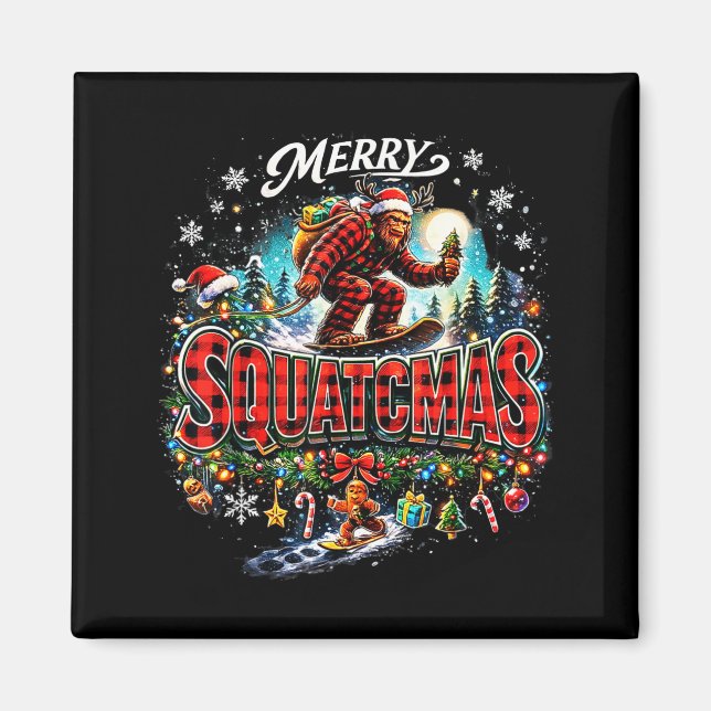 Merry Christmas Squatchmas Funny Bigfoot Snowboard Magnet (Vorne)