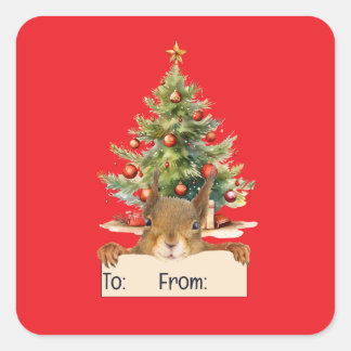 Merry Christmas Squirrel Christmas Tree To From Quadratischer Aufkleber