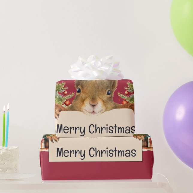 Merry Christmas Squirrel Two Christmas Trees Geschenkpapier (Partygeschenke)