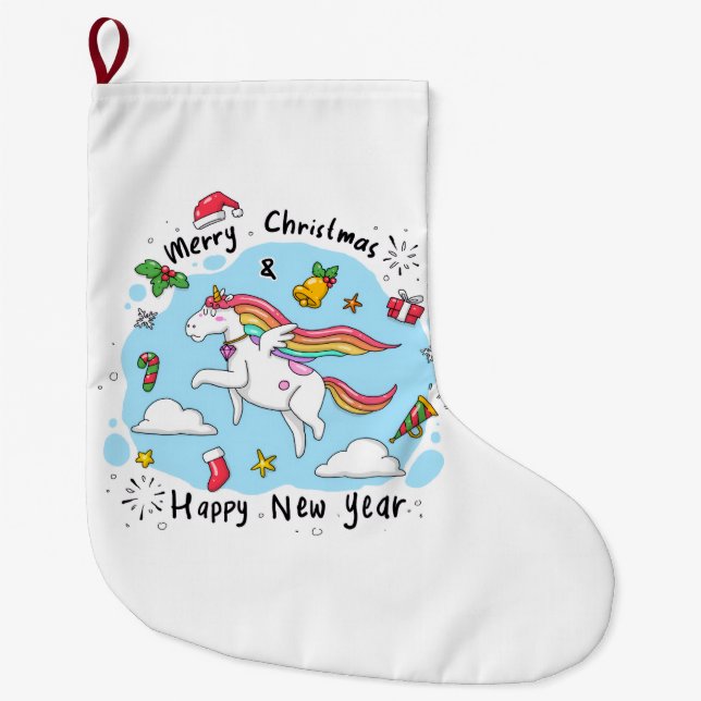Merry Christmas Stocking, Unicorn Großer Weihnachtsstrumpf (Vorderseite)