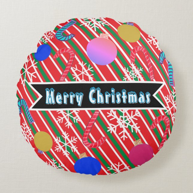 Merry Christmas Stripes Candy Canes Ornaments  Rundes Kissen (Vorderseite)