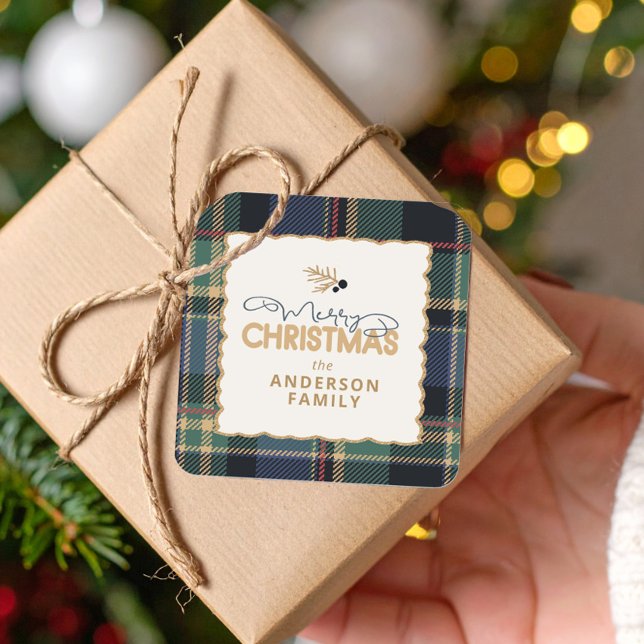 Merry Christmas Tartan Border ID1141B Quadratischer Aufkleber (Von Creator hochgeladen)
