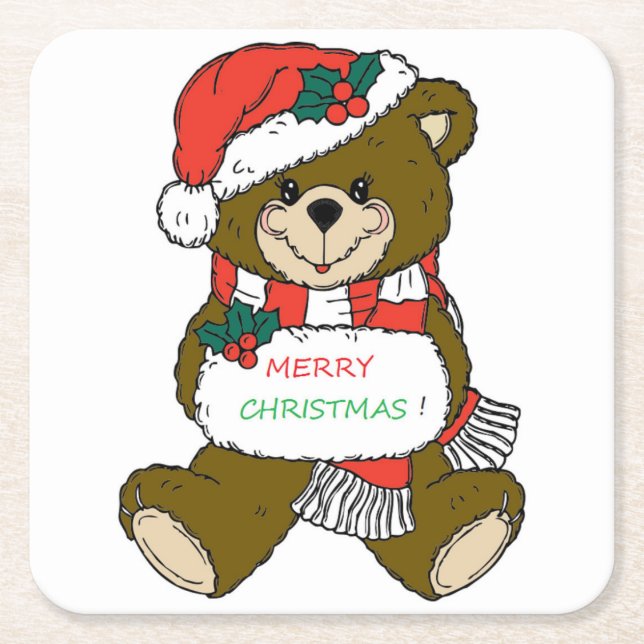 "MERRY CHRISTMAS" TEDDY BEAR RECHTECKIGER PAPPUNTERSETZER (Vorderseite)