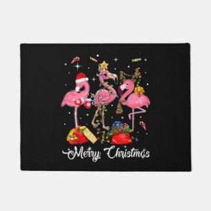 Merry Christmas Three Flamingo With Santa Hat Fußmatte