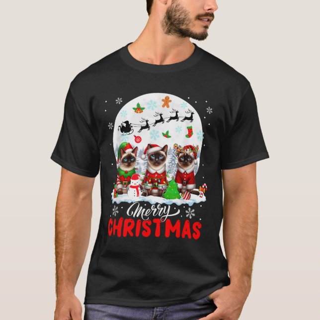 Merry Christmas Three Santa Elf Reindeer Siamese C T-Shirt (Vorderseite)