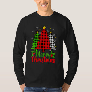 Merry Christmas Tree Buffalo Plaid Red White Green T-Shirt