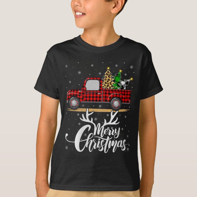 Merry Christmas Tree Buffalo Plaid Truck Family Gr T-Shirt (Vorderseite)