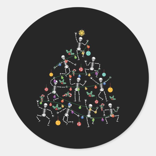 Merry Christmas Tree Dancing Skeleton Funny Hallow Runder Aufkleber (Vorderseite)