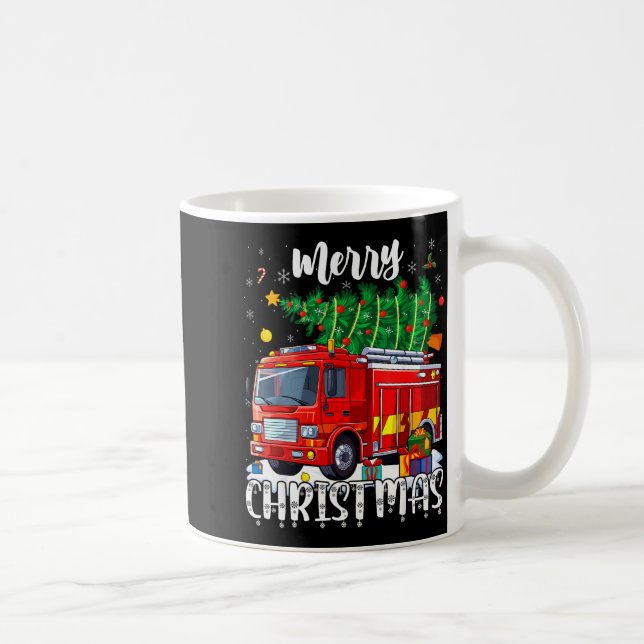 Merry Christmas Tree Firetruck Pajama Firefighter  Kaffeetasse (Rechts)