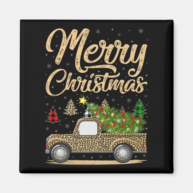 Merry Christmas Tree Leopard Truck Xmas Family Paj Magnet (Vorne)