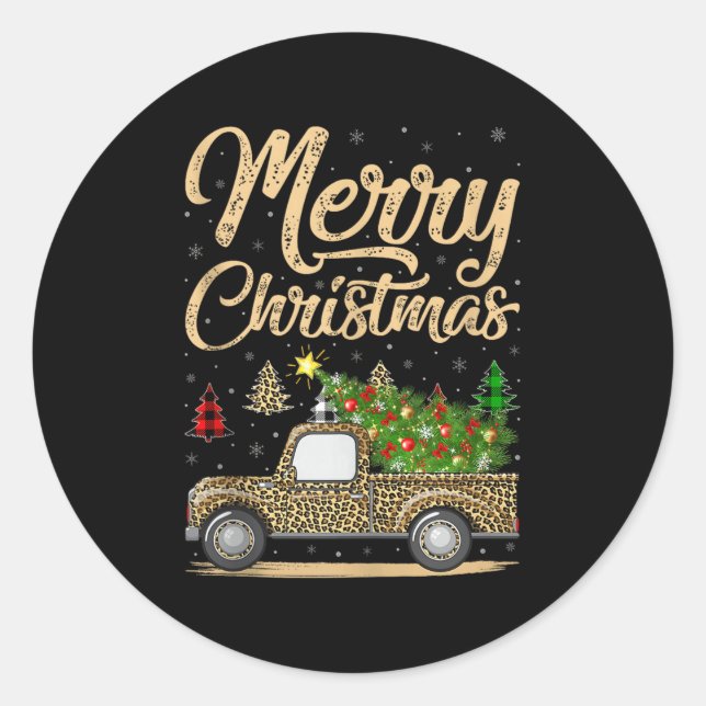 Merry Christmas Tree Leopard Truck Xmas Family Paj Runder Aufkleber (Vorderseite)
