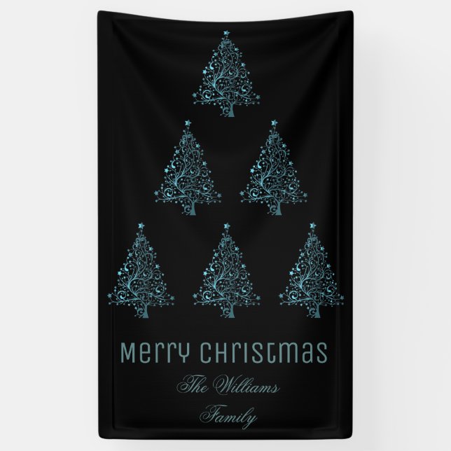 Merry Christmas Tree Muster Metallic Blue Black Banner (Vertikal)