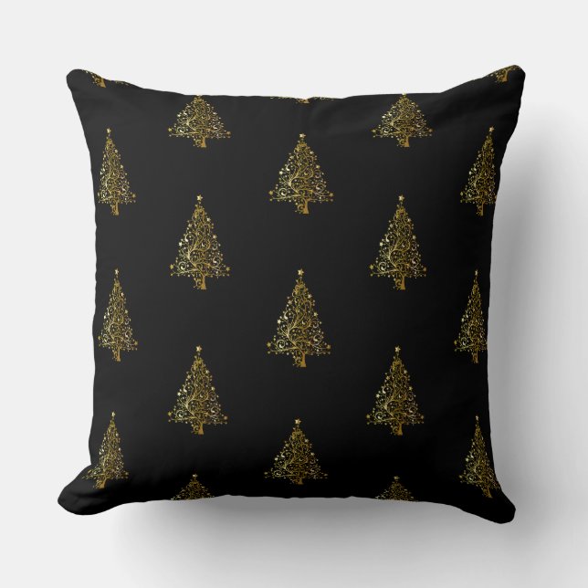 Merry Christmas Tree Pattern Black Gold Elegant Kissen (Vorderseite)