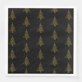 Merry Christmas Tree Pattern Gold Black Elegant Serviette