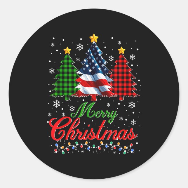 Merry Christmas Tree Plaid Us Flag Snowflake Xmas  Runder Aufkleber (Vorderseite)
