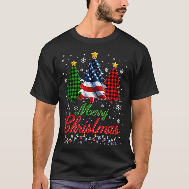 Merry Christmas Tree Plaid Us Flag Snowflake Xmas  T-Shirt (Vorderseite)
