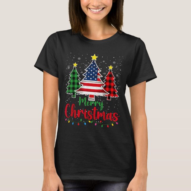 Merry Christmas Tree Plaid Us Flag Snowflake Xmas  T-Shirt (Vorderseite)