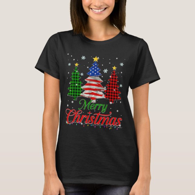 Merry Christmas Tree Plaid Us Flag Snowflake Xmas  T-Shirt (Vorderseite)