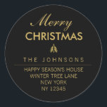 Merry Christmas Tree Rücksendeadresse Label - Schw Runder Aufkleber<br><div class="desc">Elegante Weihnachtsfeiertage in Schwarz und Gold mit goldenen Imitate-Folienbäumen. Fügen Sie einfach Ihren benutzerdefinierten Text hinzu.</div>
