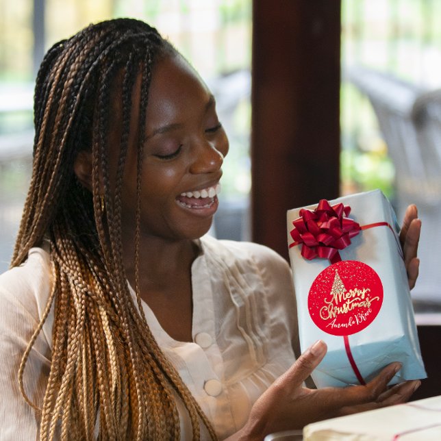 Merry Christmas Tree Skriptname Gold ConfettiRed Runder Aufkleber (Merry Christmas Tree Script Name Gold ConfettiRed Classic Round Sticker)