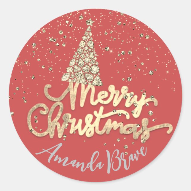 Merry Christmas Tree Skriptname Gold Orange Red Runder Aufkleber (Vorderseite)