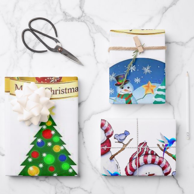 Merry Christmas Tree Snowman  Geschenkpapier Set (Vorderseite)