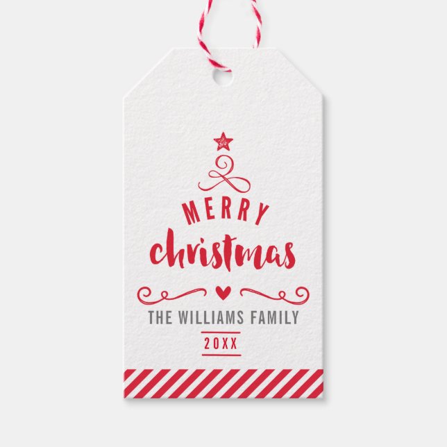 MERRY CHRISTMAS TREE Typografie festlich rot Geschenkanhänger (Vorderseite)