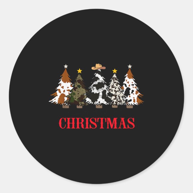 Merry Christmas Tree Western Cowhide Xmas Cowboy F Runder Aufkleber (Vorderseite)