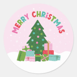 Merry Christmas Tree with Gifts in Pastel Pink Runder Aufkleber