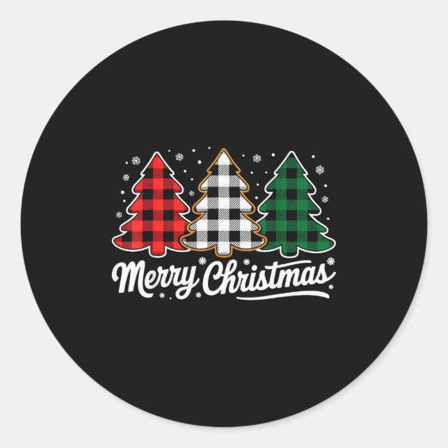 Merry Christmas Tree Xmas Buffalo Plaid Red White  Runder Aufkleber (Vorderseite)