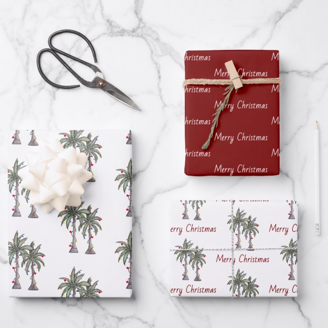 Merry Christmas Tropical Palm Trees Beach Holiday Geschenkpapier Set (Vorderseite)