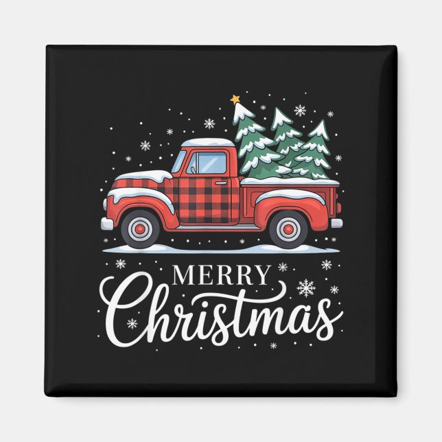 Merry Christmas Truck Xmas Red Plaid Family Christ Magnet (Vorne)
